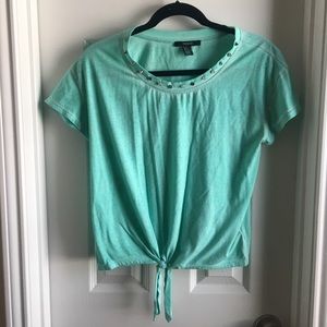 Studded Neck Acid Wash Crop Top